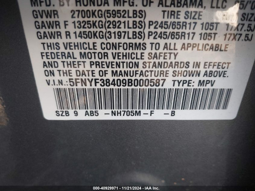 2009 Honda Pilot Ex VIN: 5FNYF38409B000587 Lot: 40929971