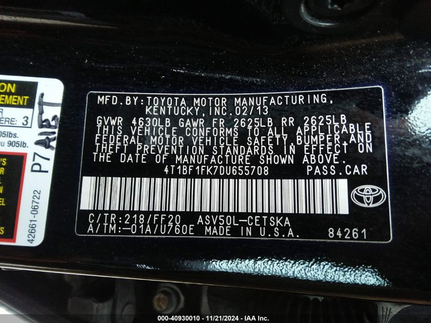 2013 Toyota Camry Se VIN: 4T1BF1FK7DU655708 Lot: 40930010