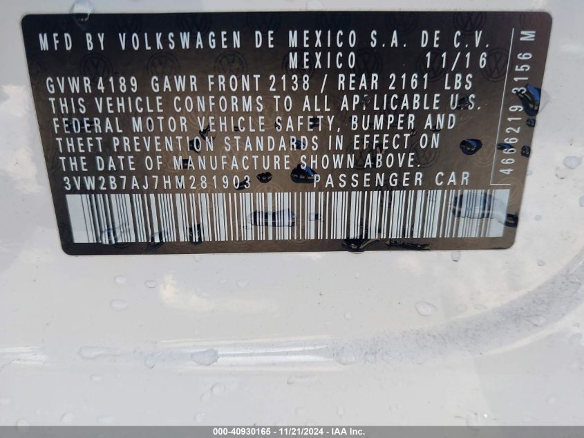 2017 VOLKSWAGEN JETTA 1.4T S - 3VW2B7AJ7HM281903