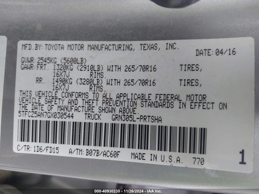 2016 TOYOTA TACOMA VIN: 5TFCZ5AN7GX030544