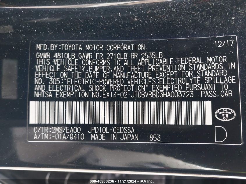 2017 Toyota Mirai VIN: JTDBVRBD3HA003723 Lot: 40930236