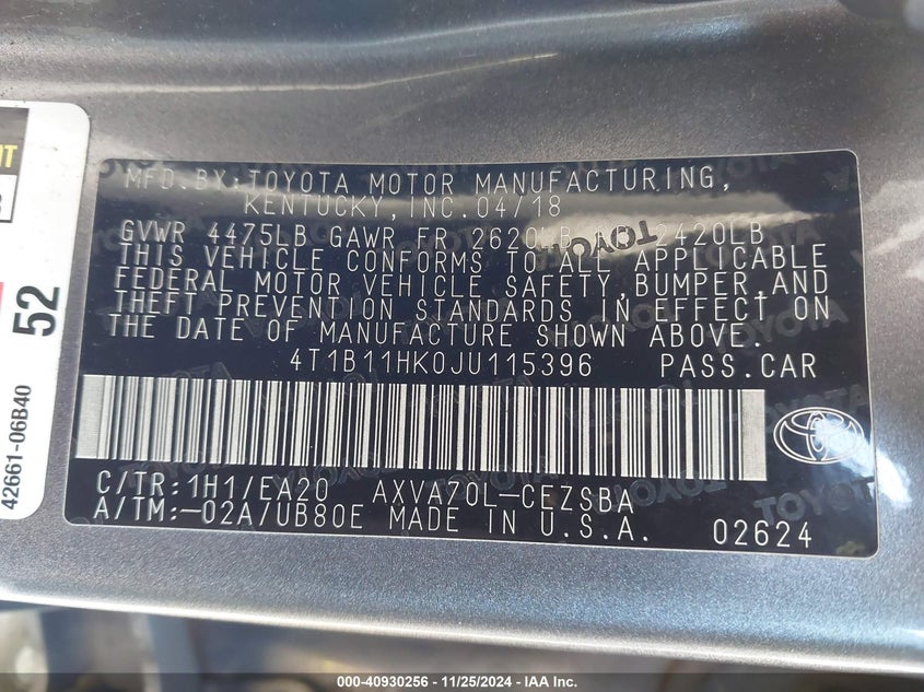 2018 TOYOTA CAMRY VIN: 4T1B11HK0JU115396