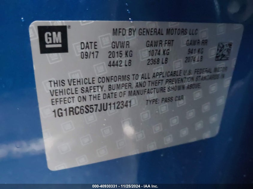 2018 CHEVROLET VOLT VIN: 1G1RC6S57JU112341