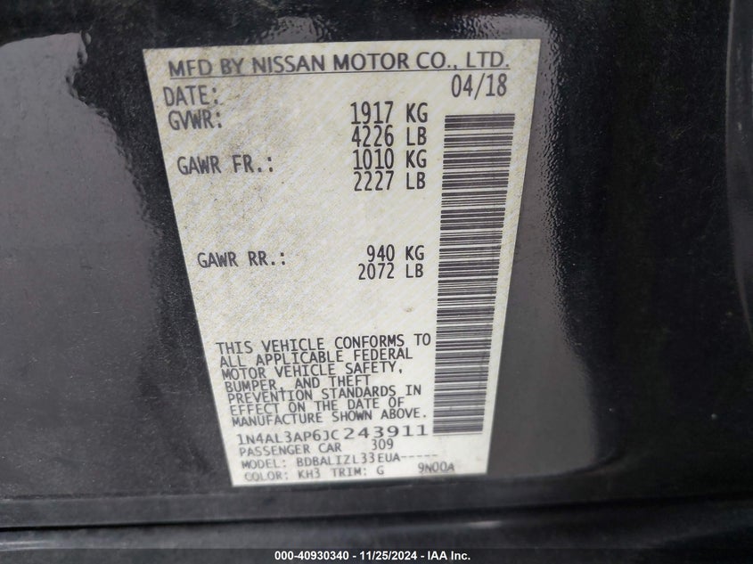 VIN 1N4AL3AP6JC243911 2018 NISSAN ALTIMA 2.5 SV