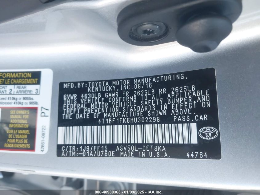 VIN 4T1BF1FK6HU302298 2017 Toyota Camry, SE no.9