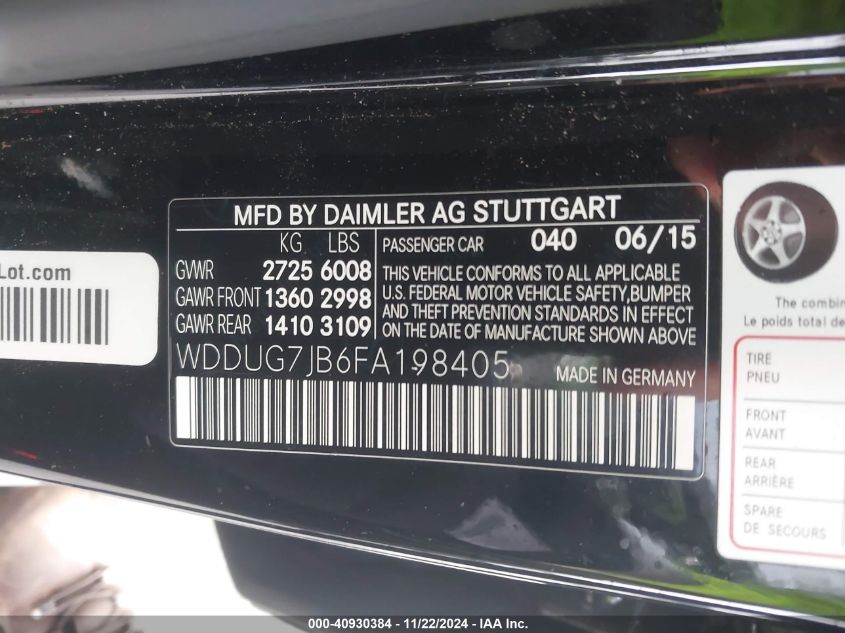 2015 Mercedes-Benz S 63 Amg 4Matic VIN: WDDUG7JB6FA198405 Lot: 40930384