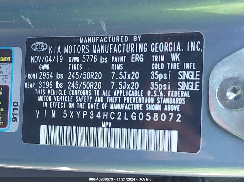 VIN: 5XYP34HC2LG058072 2020 KIA TELLURIDE EX