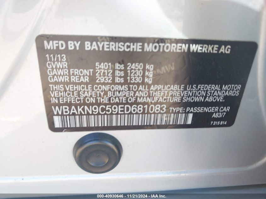 2014 BMW 550I VIN: WBAKN9C59ED681083 Lot: 40930646