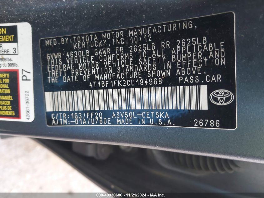 2012 Toyota Camry Se VIN: 4T1BF1FK2CU184968 Lot: 40930686