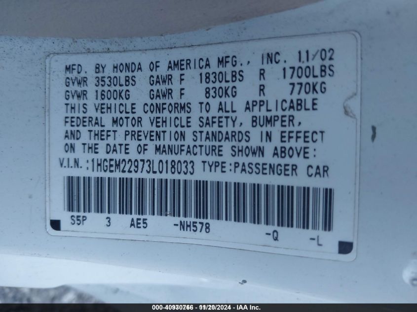 2003 Honda Civic Ex VIN: 1HGEM22973L018033 Lot: 40930766