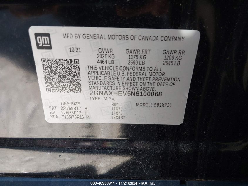 VIN 2GNAXHEV5N6100068 2022 CHEVROLET EQUINOX no.9