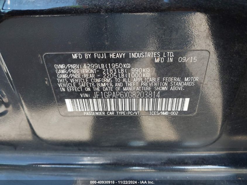 2016 SUBARU IMPREZA VIN: JF1GPAP6XG8203814
