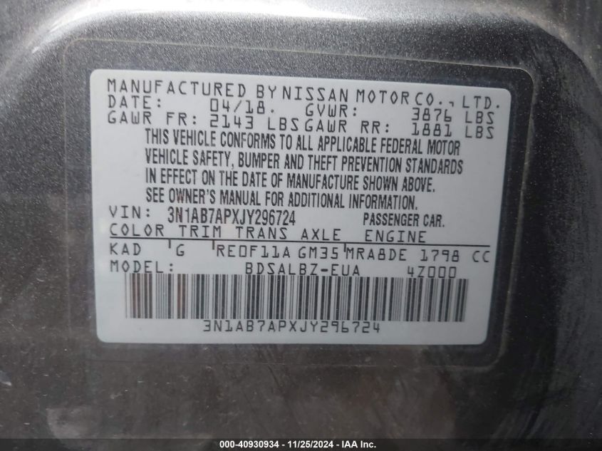 VIN 3N1AB7APXJY296724 2018 NISSAN SENTRA no.9