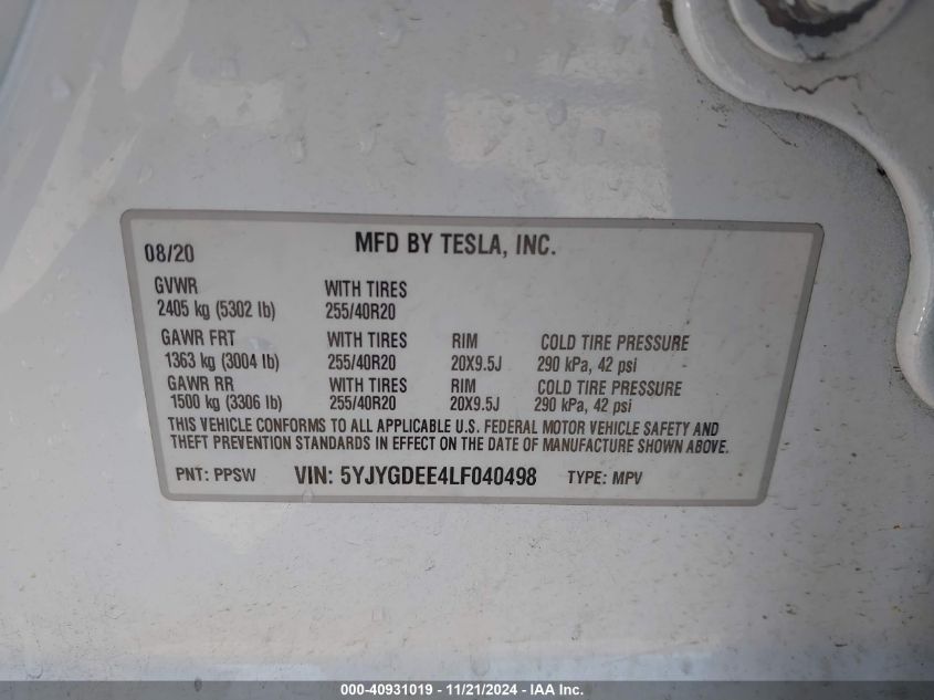 2020 Tesla Model Y Long Range Dual Motor All-Wheel Drive VIN: 5YJYGDEE4LF040498 Lot: 40931019