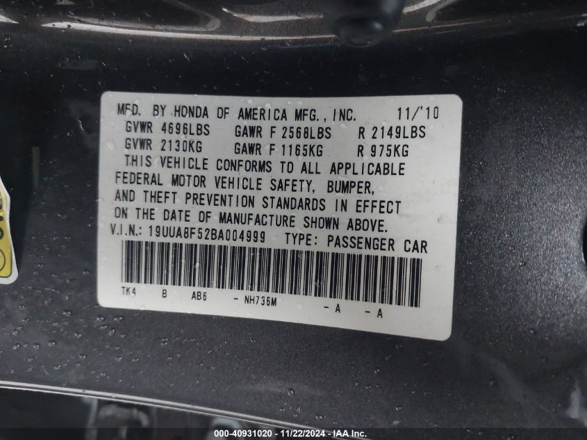 2011 Acura Tl 3.5 VIN: 19UUA8F52BA004999 Lot: 40931020