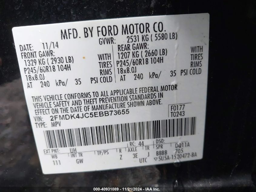 VIN 2FMDK4JC5EBB73655 2014 FORD EDGE no.9