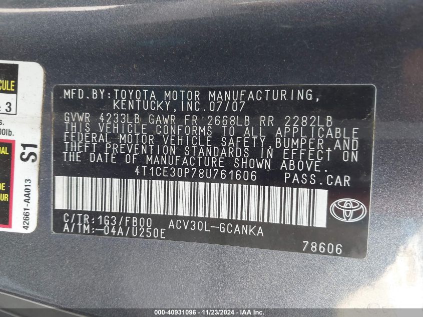 2008 Toyota Camry Solara Se/Sle/Sport VIN: 4T1CE30P78U761606 Lot: 40931096