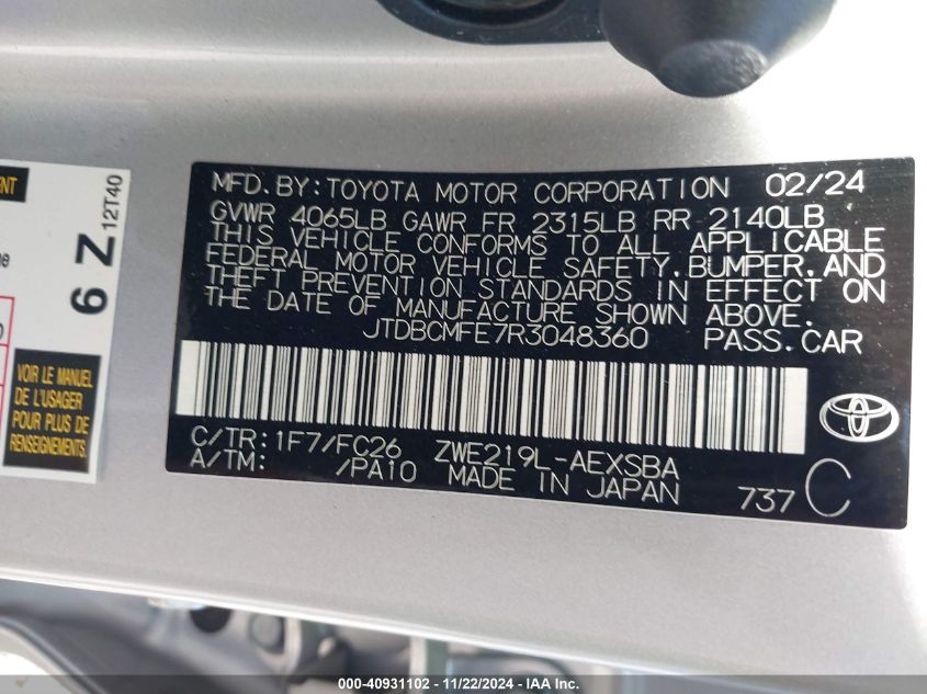 2024 Toyota Corolla Hybrid Se VIN: JTDBCMFE7R3048360 Lot: 40931102