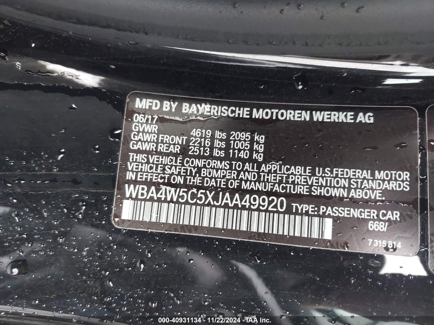2018 BMW 430I XDRIVE VIN: WBA4W5C5XJAA49920