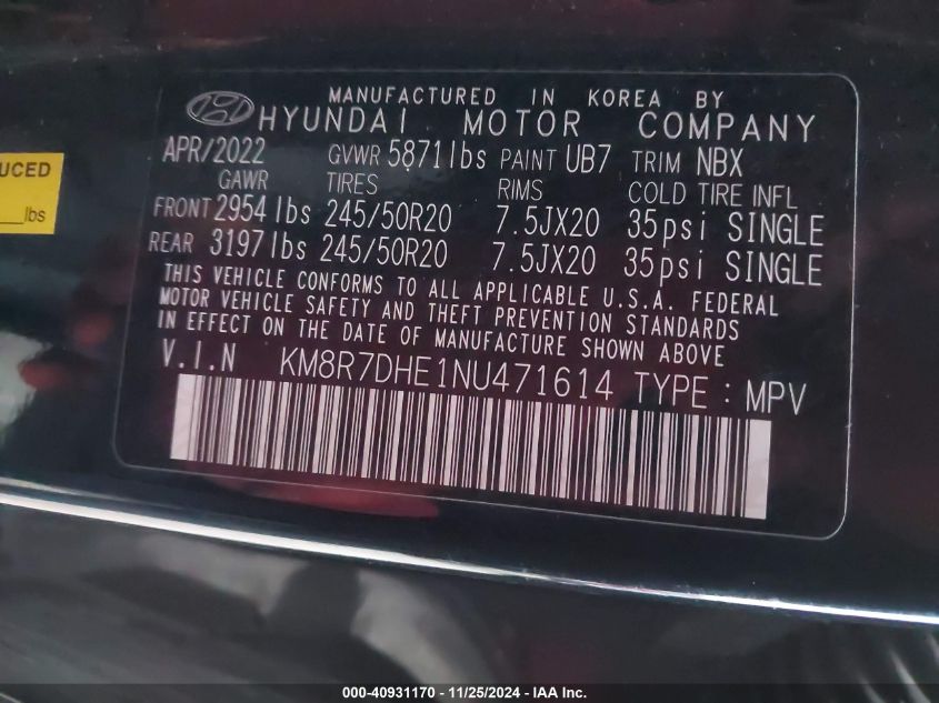 2022 Hyundai Palisade Calligraphy VIN: KM8R7DHE1NU471614 Lot: 40931170