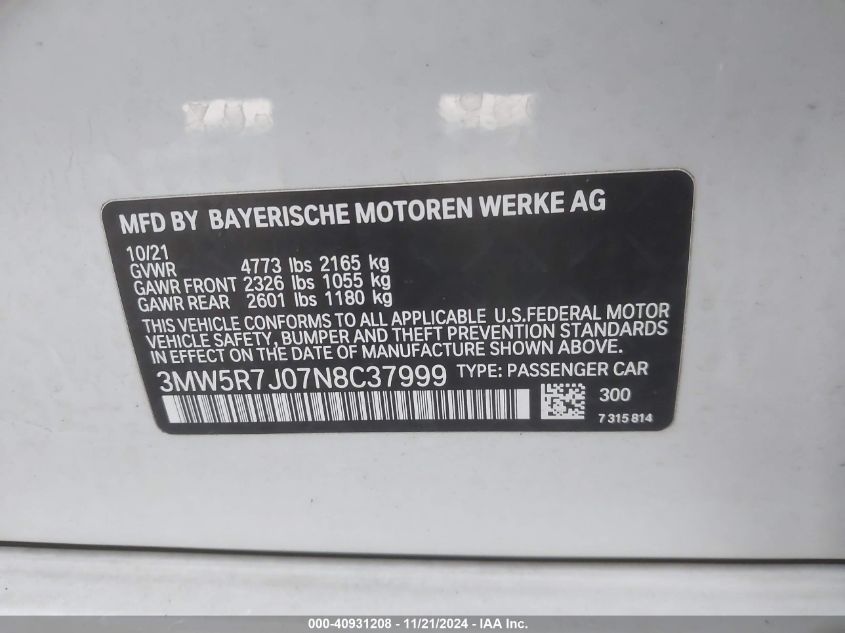 2022 BMW 330I xDrive VIN: 3MW5R7J07N8C37999 Lot: 40931208