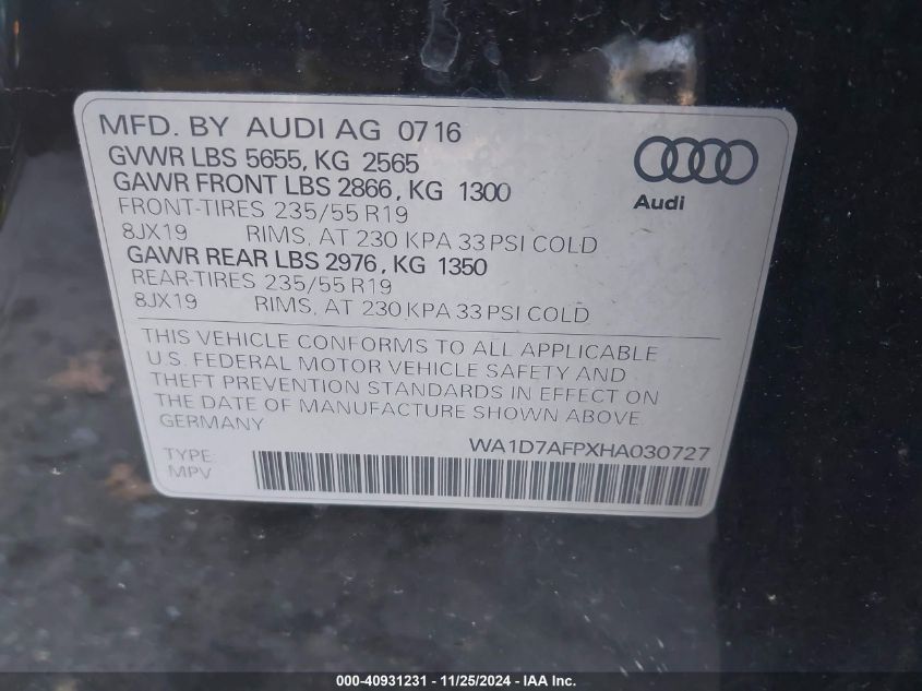 VIN WA1D7AFPXHA030727 2017 Audi Q5, 3.0T Premium Plus no.9