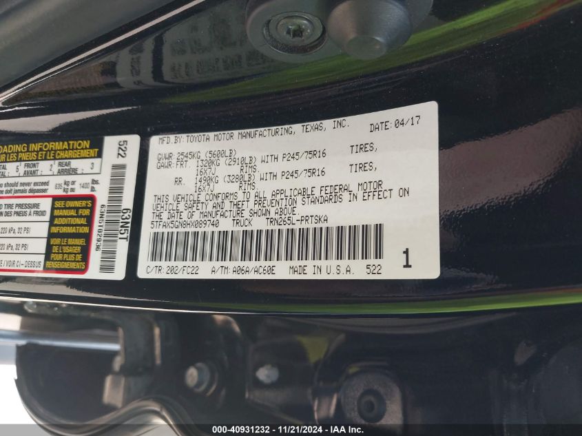 2017 TOYOTA TACOMA VIN: 5TFAX5GN8HX089740