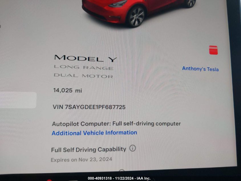 VIN 7SAYGDEE1PF687725 2023 Tesla Model Y, Awd/Long... no.16