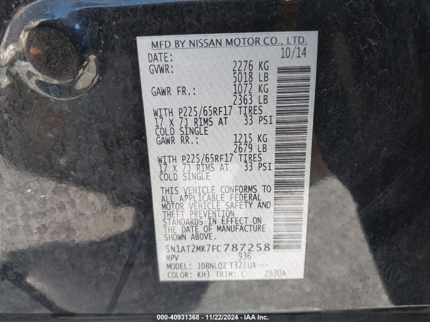 2015 Nissan Rogue Sv VIN: 5N1AT2MK7FC787258 Lot: 40931368