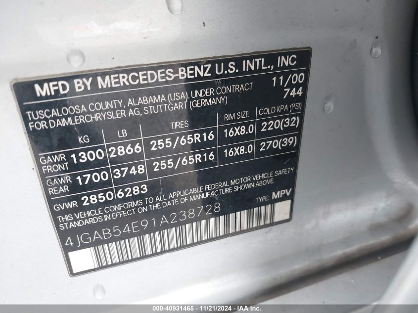 2001 Mercedes-Benz Ml 320 VIN: 4JGAB54E91A238728 Lot: 40931465