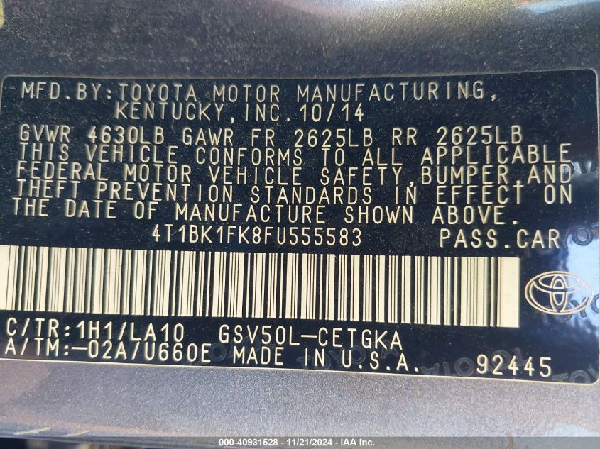 2015 TOYOTA CAMRY VIN: 4T1BK1FK8FU555583