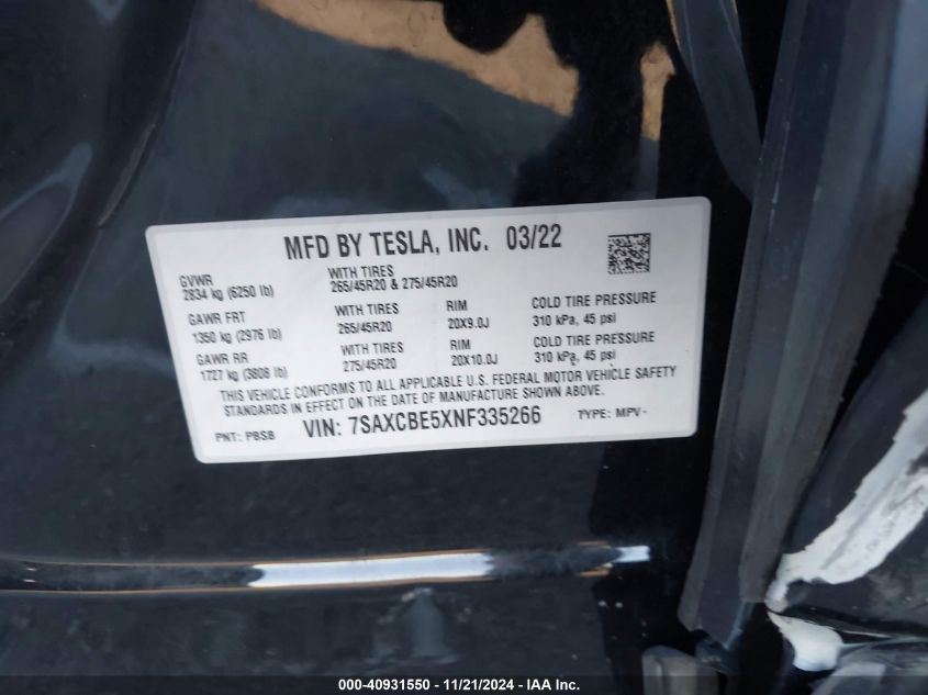 2022 Tesla Model X Dual Motor All-Wheel Drive VIN: 7SAXCBE5XNF335266 Lot: 40931550