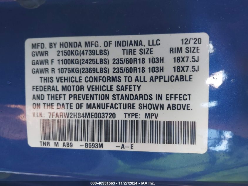 2021 Honda Cr-V Awd Ex-L VIN: 7FARW2H84ME003720 Lot: 40931563