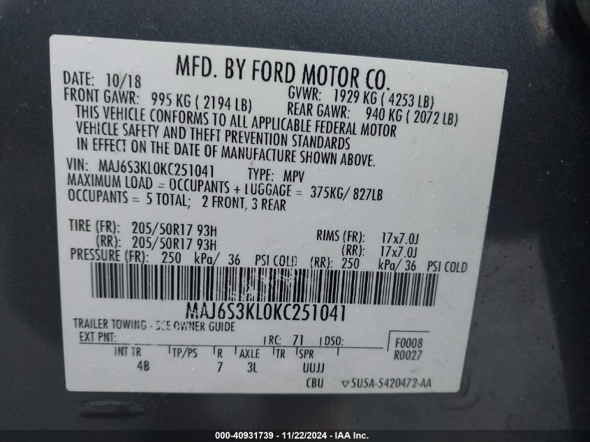 2019 Ford Ecosport Titanium VIN: MAJ6S3KL0KC251041 Lot: 40931739