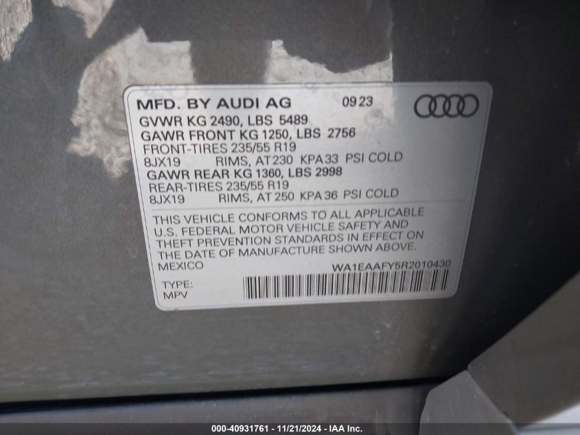 2024 Audi Q5 Premium Plus 45 Tfsi S Line Quattro VIN: WA1EAAFY5R2010430 Lot: 40931761