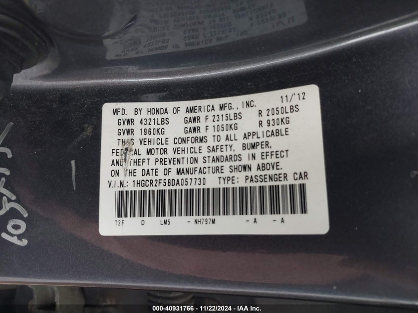 2013 HONDA ACCORD VIN: 1HGCR2F58DA057730