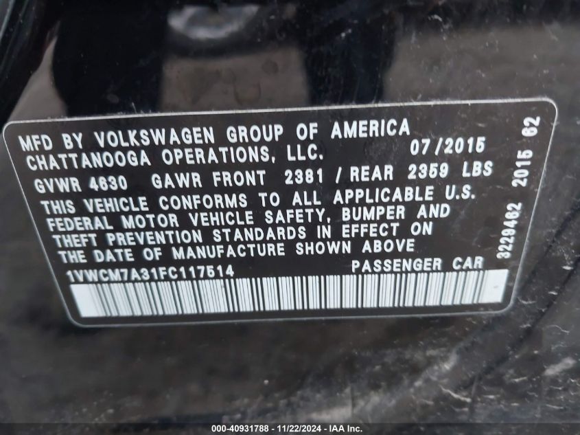 2015 VOLKSWAGEN PASSAT VIN: 1VWCM7A31FC117514