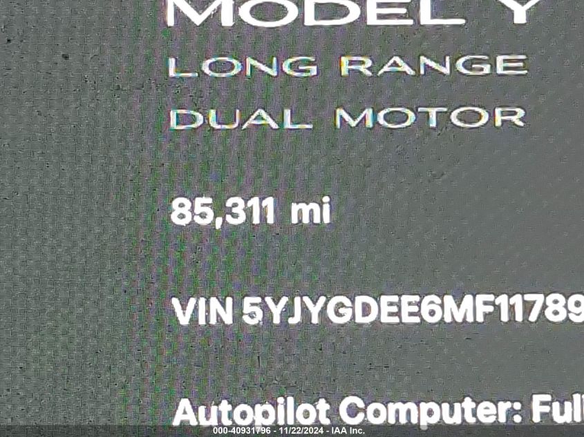 2021 Tesla Model Y Long Range Dual Motor All-Wheel Drive VIN: 5YJYGDEE6MF117891 Lot: 40931796