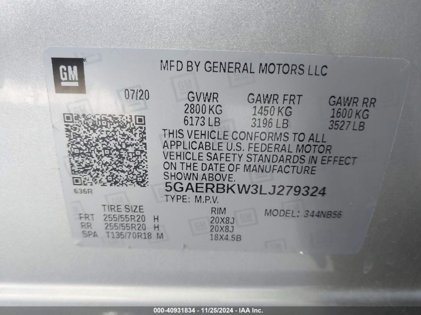 2020 Buick Enclave Fwd Essence VIN: 5GAERBKW3LJ279324 Lot: 40931834