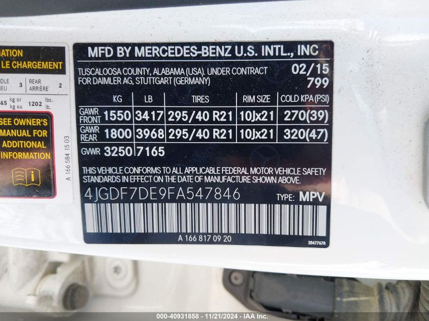 2015 Mercedes-Benz Gl 550 4Matic VIN: 4JGDF7DE9FA547846 Lot: 40931858