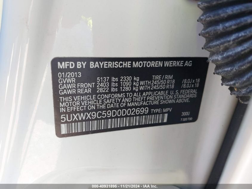 2013 BMW X3 xDrive28I VIN: 5UXWX9C59D0D02699 Lot: 40936375