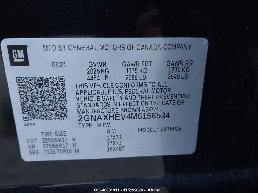 2021 Chevrolet Equinox Fwd Ls VIN: 2GNAXHEV4M6156534 Lot: 40931911