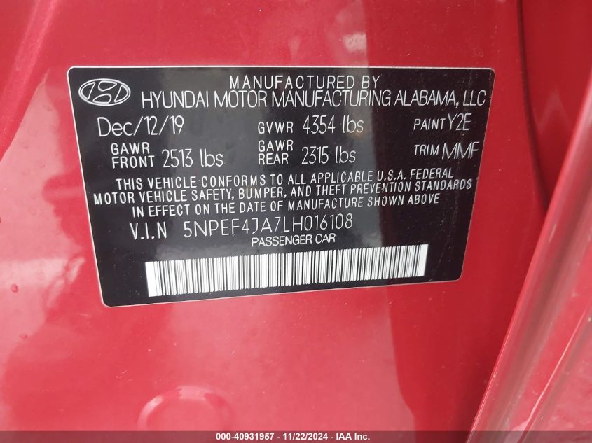 2020 Hyundai Sonata Sel VIN: 5NPEF4JA7LH016108 Lot: 40931957