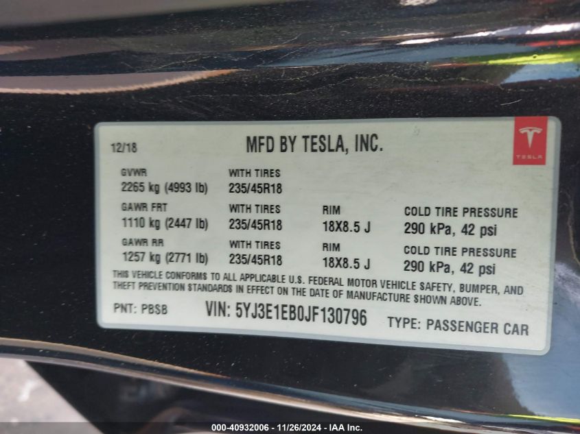 VIN 5YJ3E1EB0JF130796 2018 TESLA MODEL 3 no.9