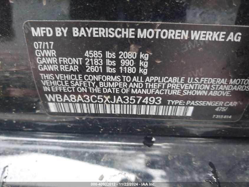 VIN WBA8A3C5XJA357493 2018 BMW 3 Series, 320I Xdrive no.9