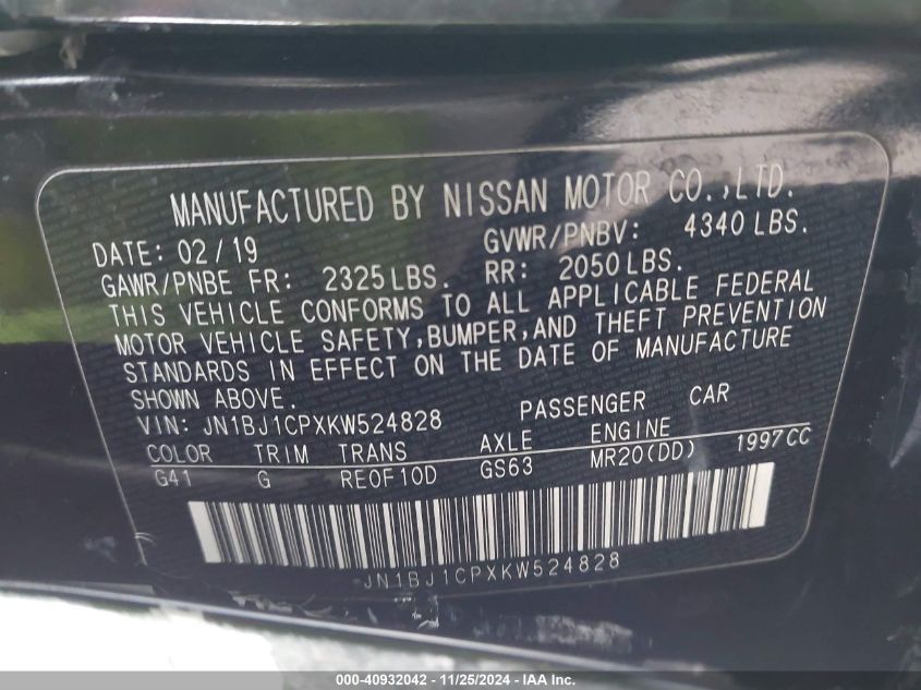 VIN JN1BJ1CPXKW524828 2019 Nissan Rogue, Sport S no.9