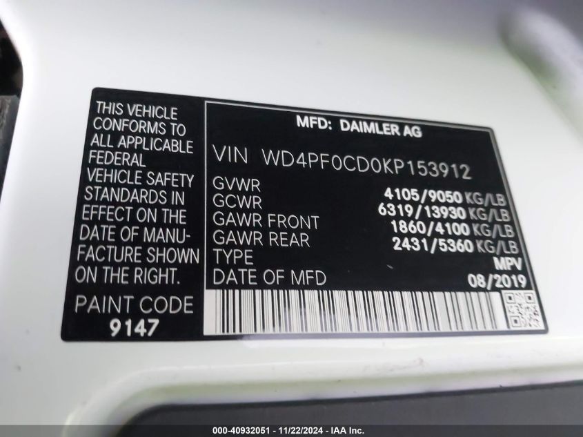 2019 Mercedes-Benz Sprinter 2500 High Roof V6/Standard Roof V6 VIN: WD4PF0CD0KP153912 Lot: 40932051