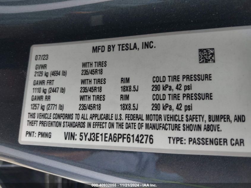 2023 TESLA MODEL 3 REAR-WHEEL DRIVE - 5YJ3E1EA6PF614276