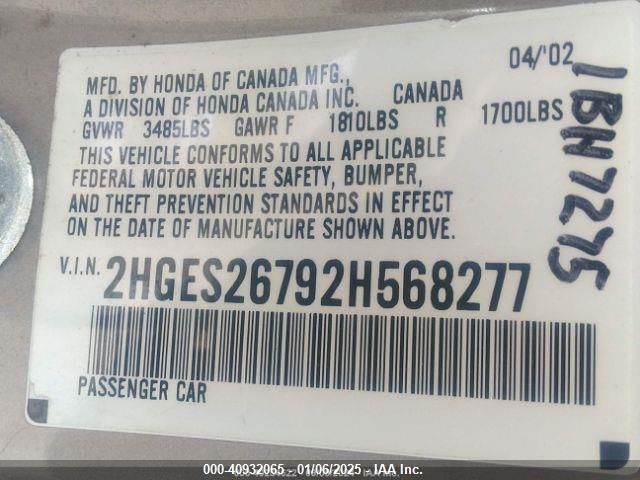 2002 Honda Civic Ex VIN: 2HGES26792H568277 Lot: 40932065