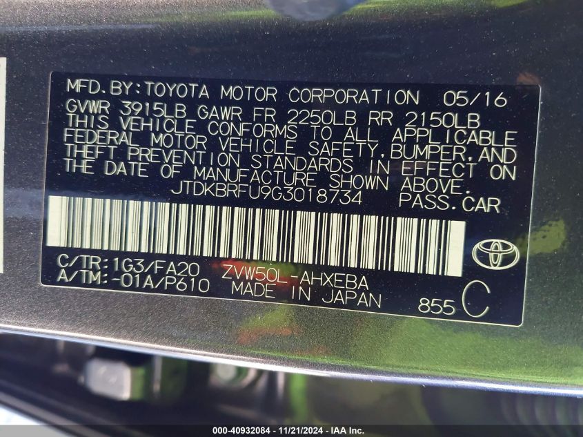 2016 Toyota Prius Two VIN: JTDKBRFU9G3018734 Lot: 40932084